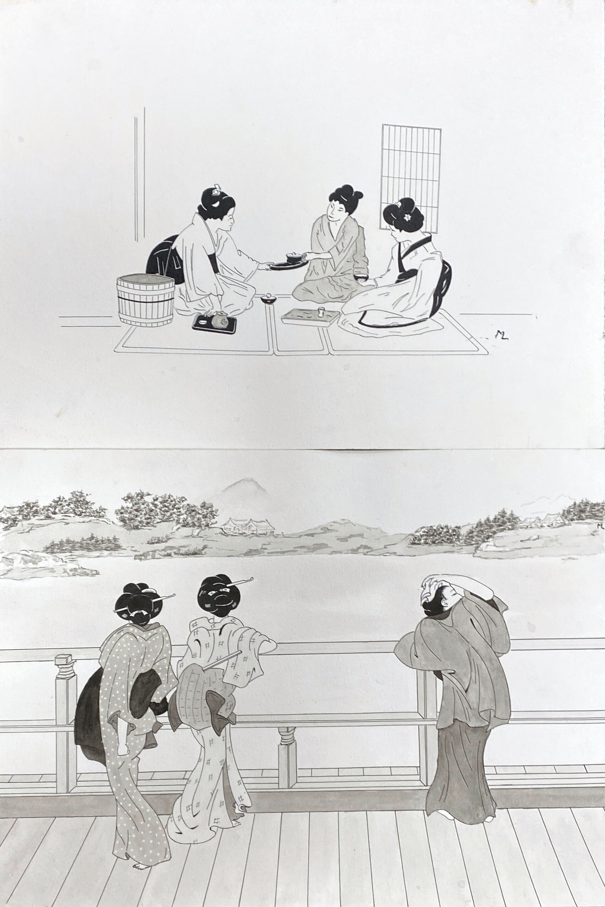 Two original ink and watercolor drawings signed Asia