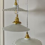 Three-light cascading pendant lamp with vintage white opaline lampshade