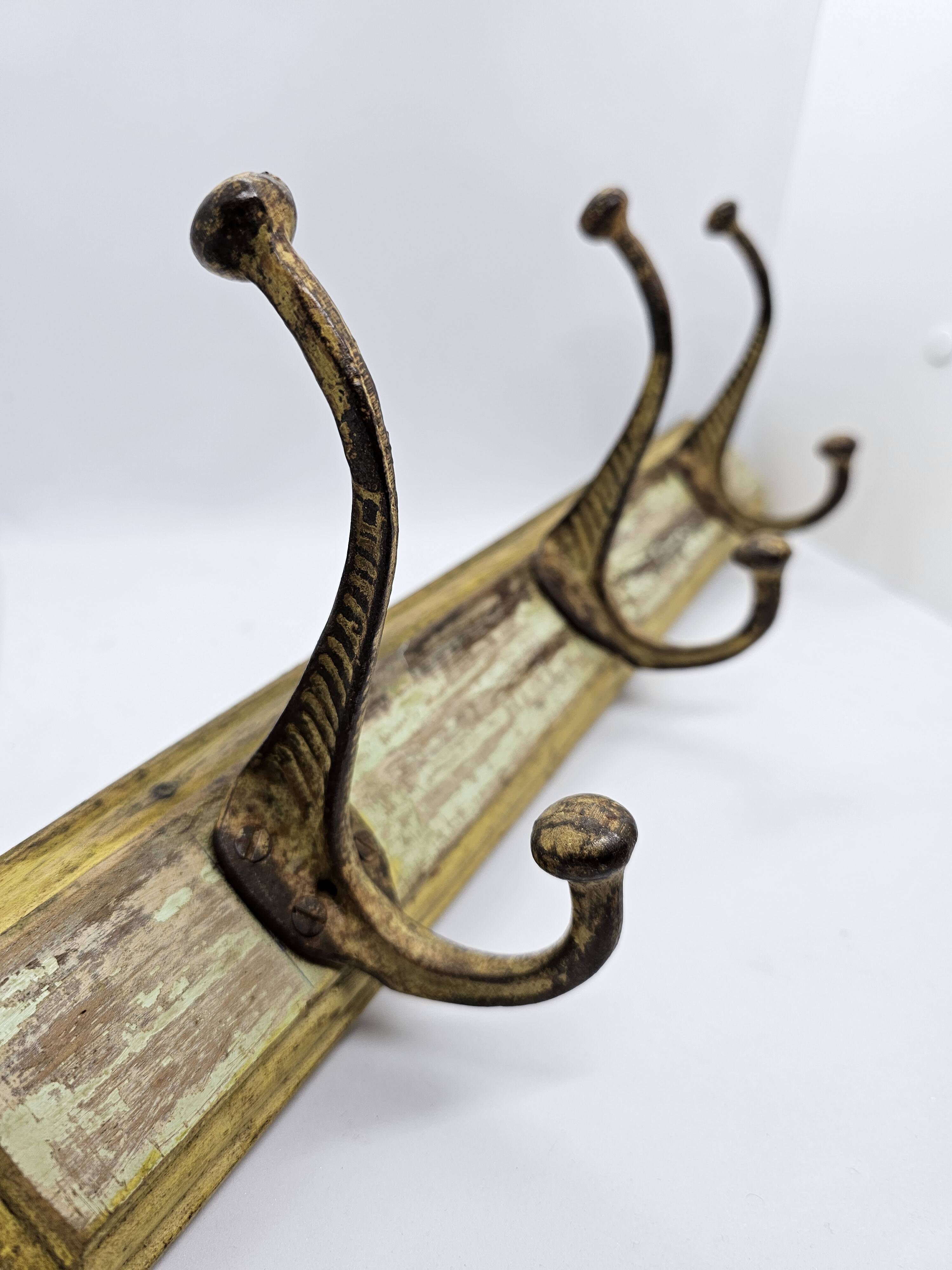 Solid teak coat hook with 3 double cast iron hooks