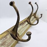 Solid teak coat hook with 3 double cast iron hooks