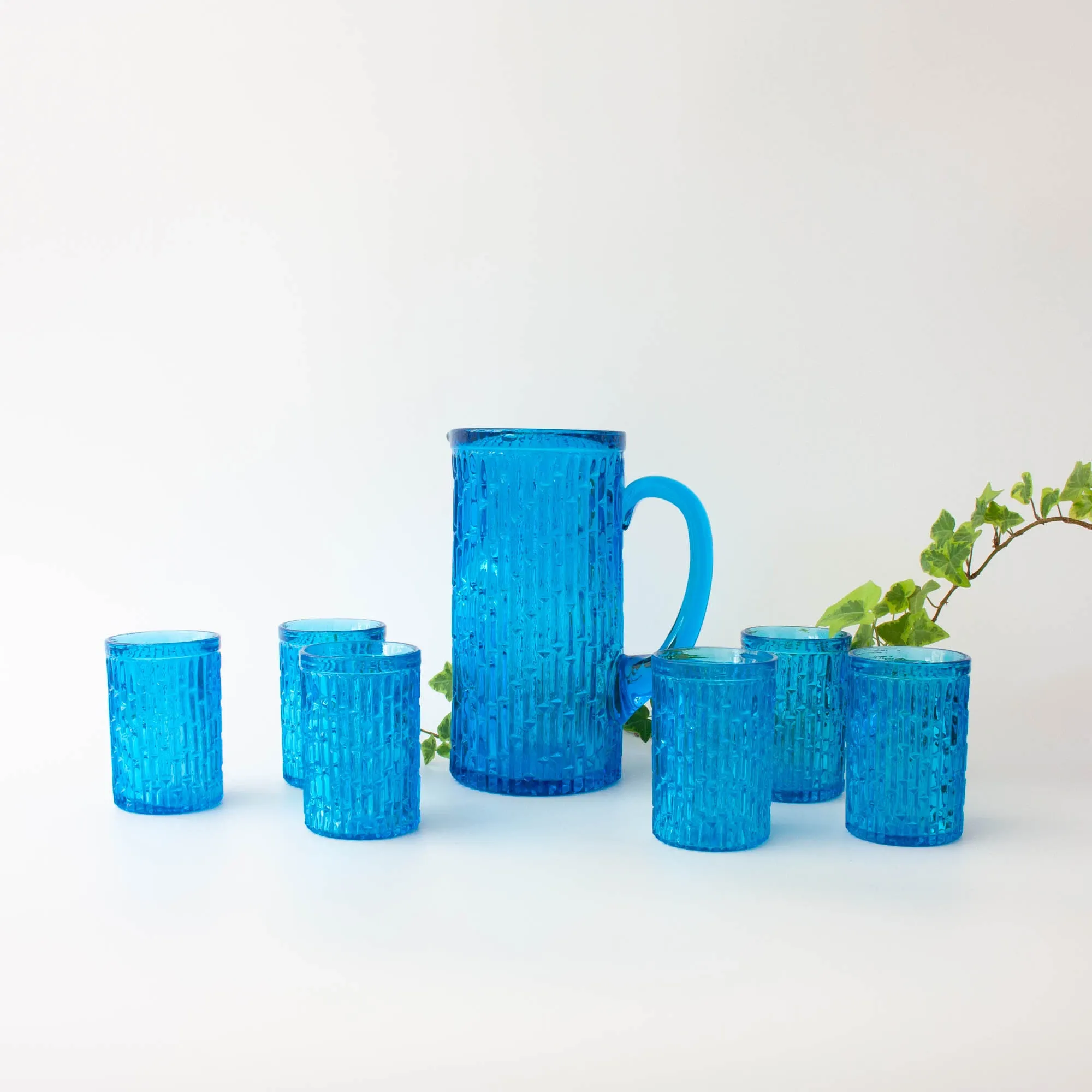 Vintage 1970s IVIMA Blue Glass Jug and Six-Glass Set