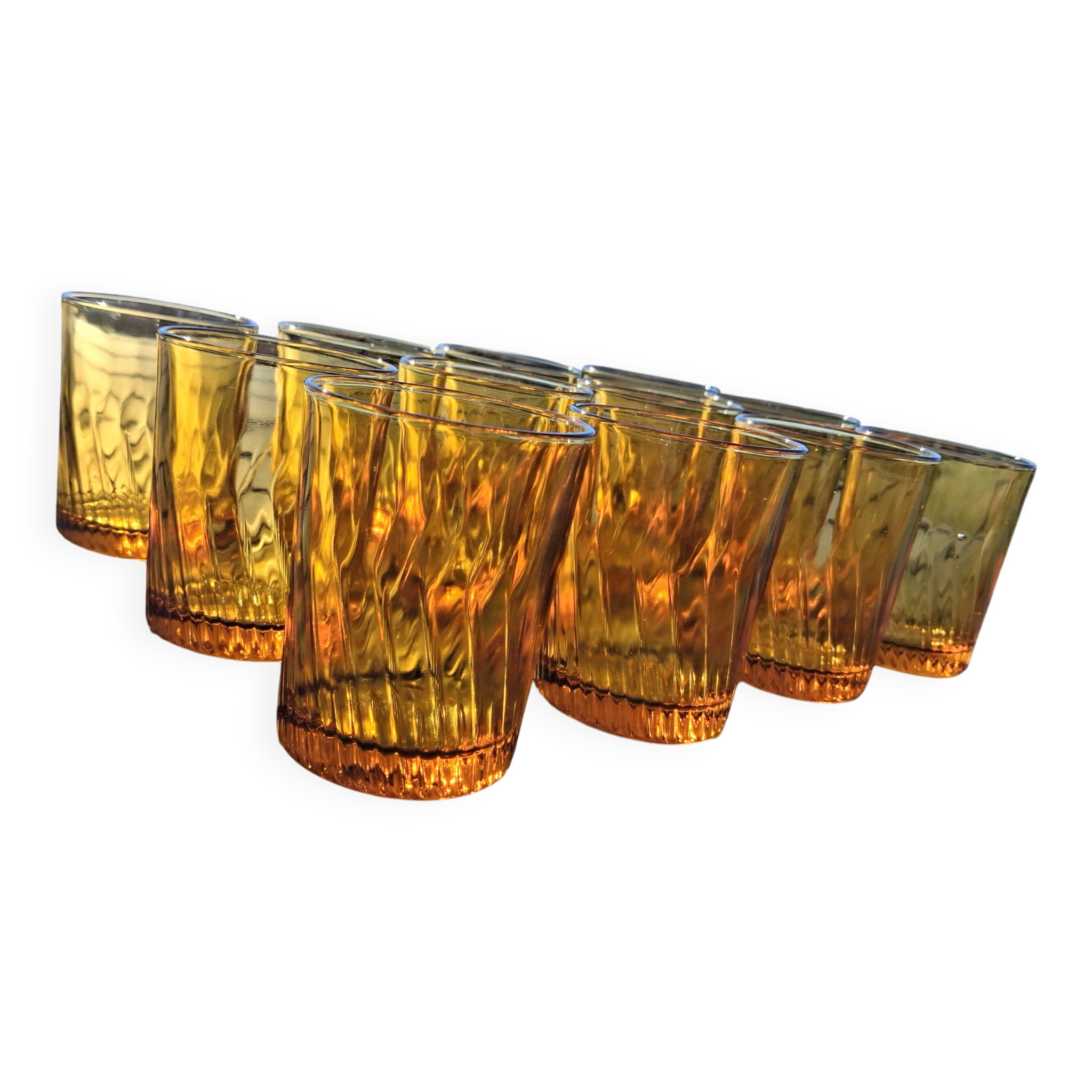 Set of 12 amber textured glass water glasses – 1970s