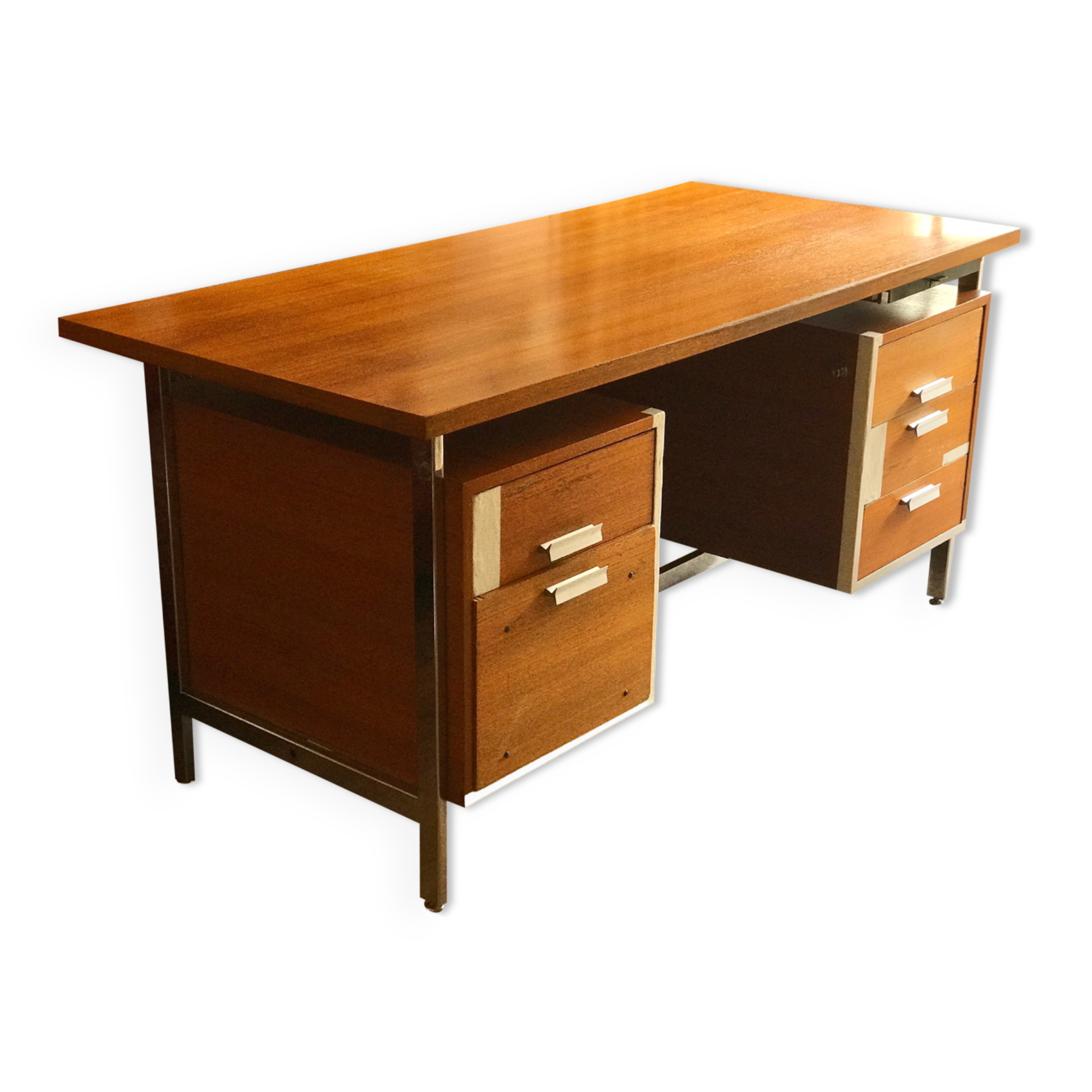Vintage teak and stainless steel desk with two pedestals