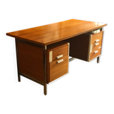 Vintage teak and stainless steel desk with two pedestals