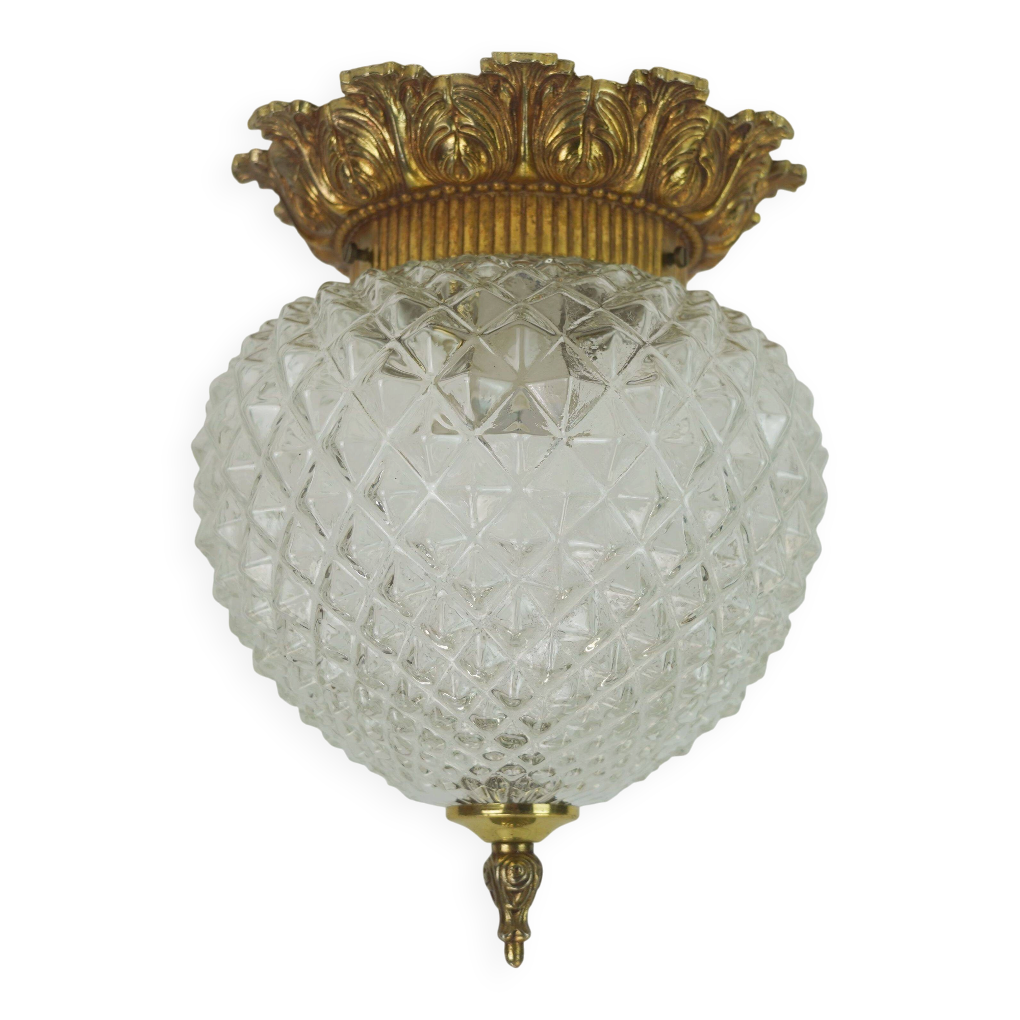 Midcentury ceiling light massive belgium textured glass gold-plated alu 70s