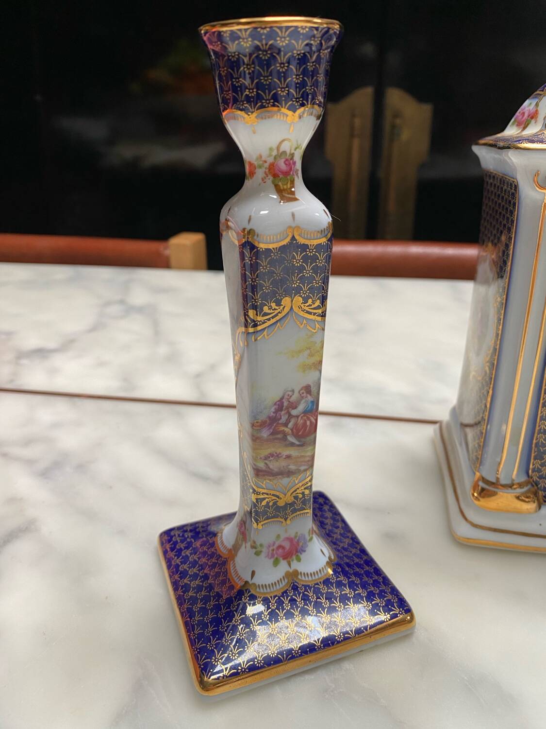 English porcelain clock and candle holders