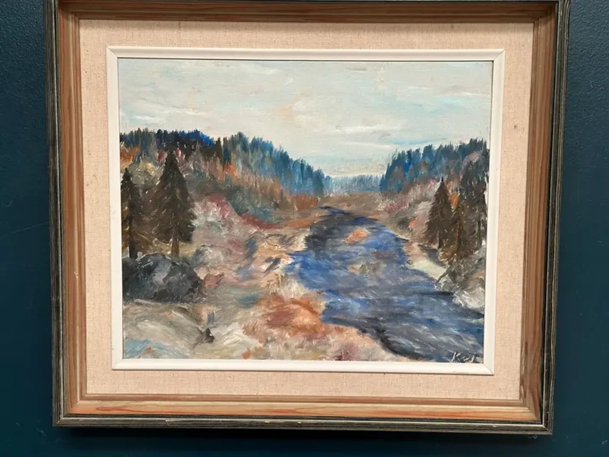 Original Swedish Oil on Canvas – “Landscape with River and Forest” by Kaj – Signed – Vintage & Framed – 60 × 52 cm (23.6" × 20.5")