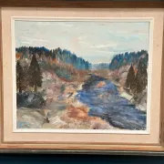 Original Swedish Oil on Canvas – “Landscape with River and Forest” by Kaj – Signed – Vintage & Framed – 60 × 52 cm (23.6" × 20.5")