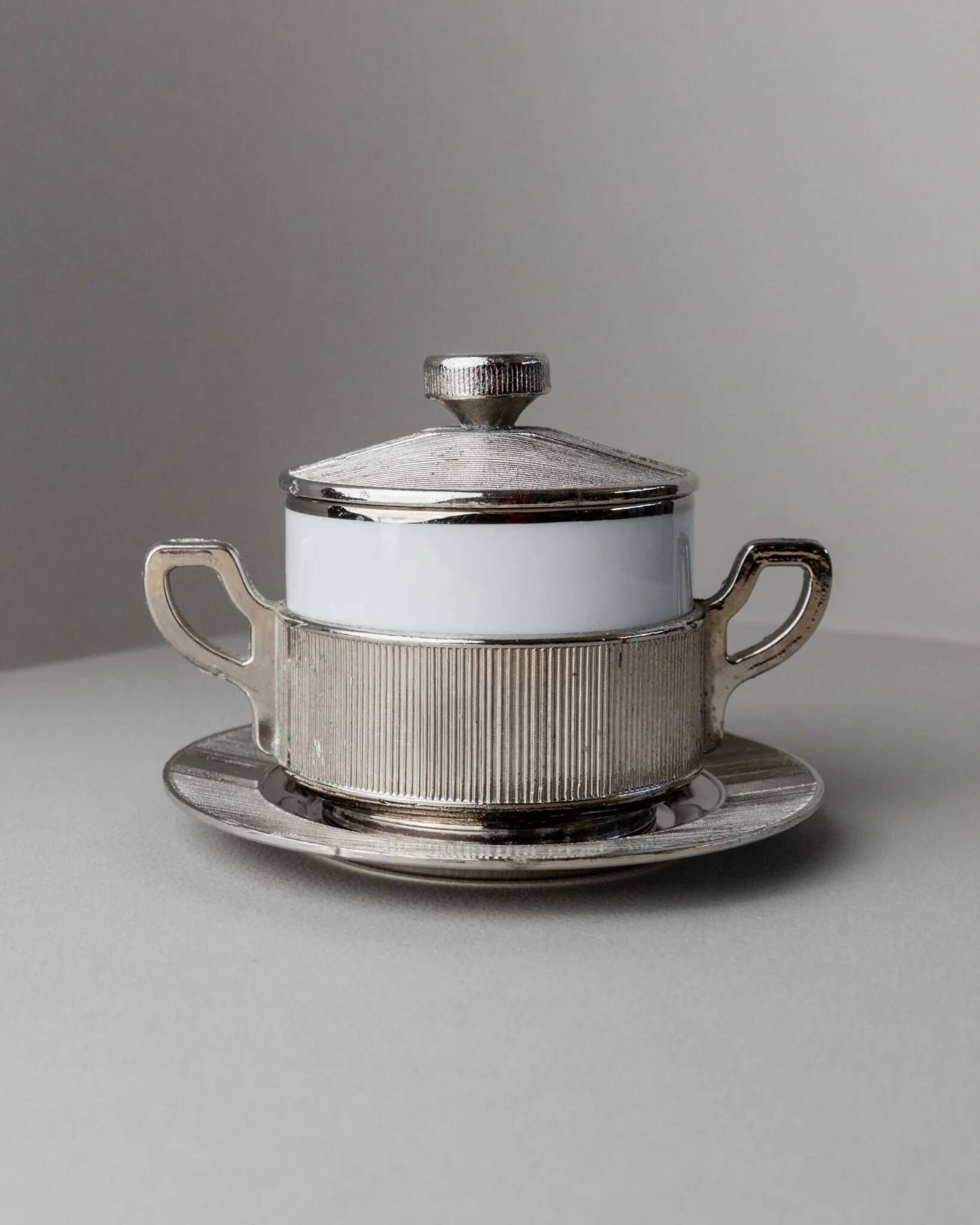 Blanc Porcelaine with Silver-Plated Lid Monopoli Italy 1950s Mid-Century Sugar Jam Bowl