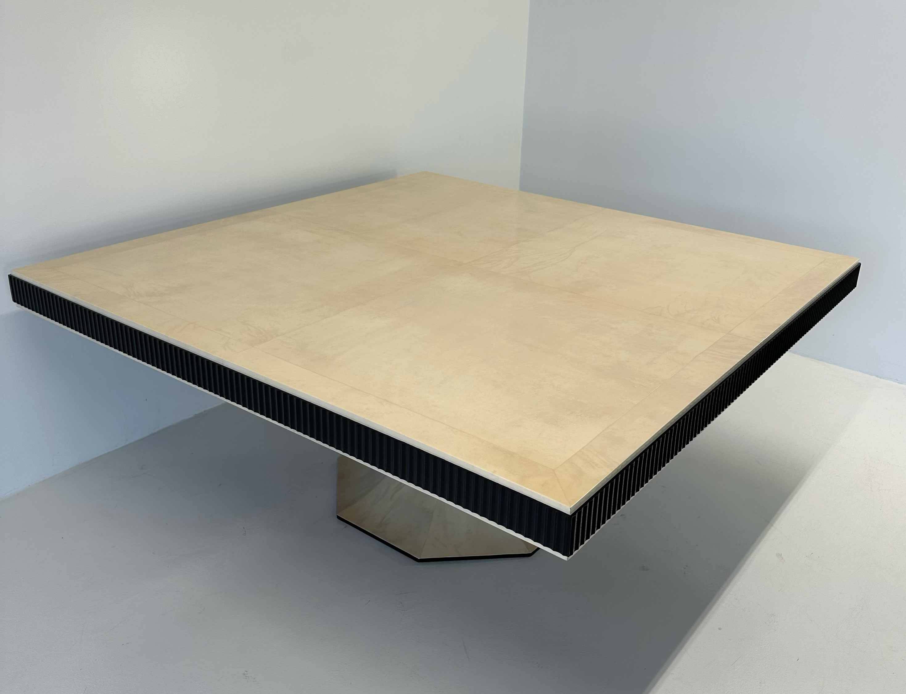 Italian Art Deco Style Square Parchment and Black Lacquer Table, 1980s