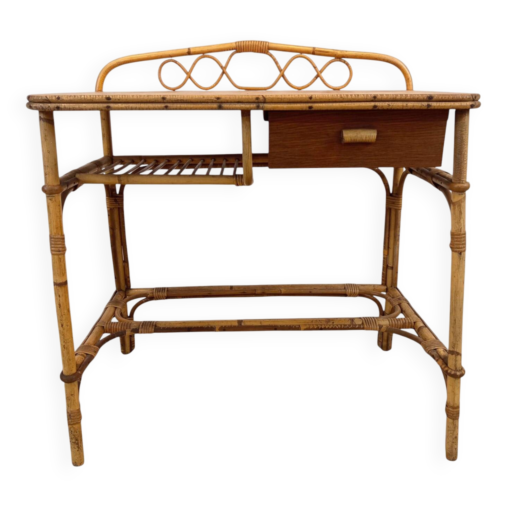 Vintage rattan and bamboo desk or dressing table (81x47 cm) – Riviera style,