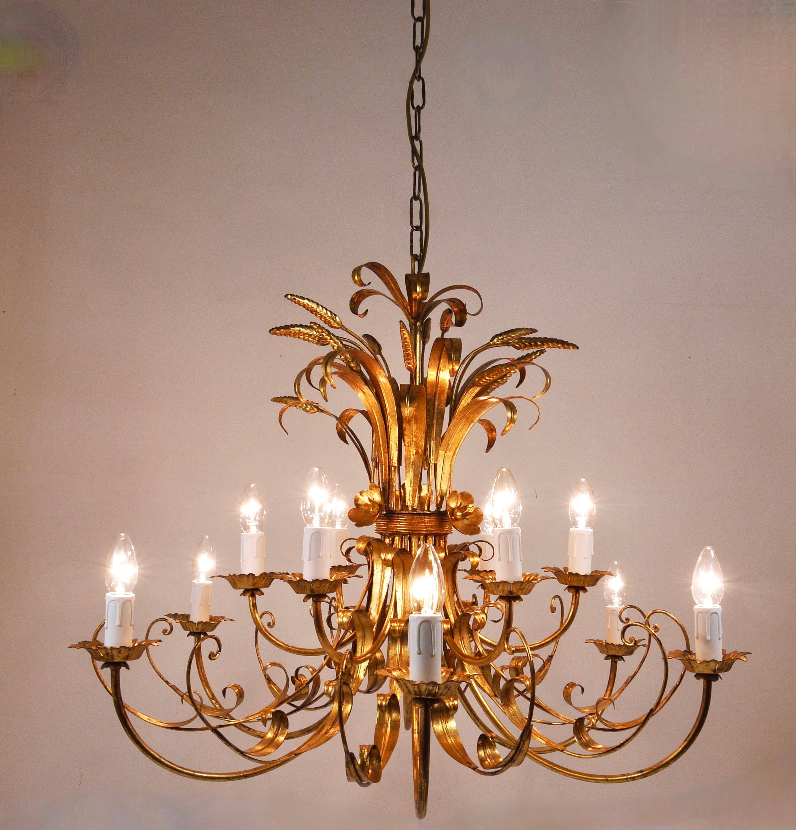 Hans Kögl XL Hollywood Regency golden wheat floral bouquet in iron, 1970s