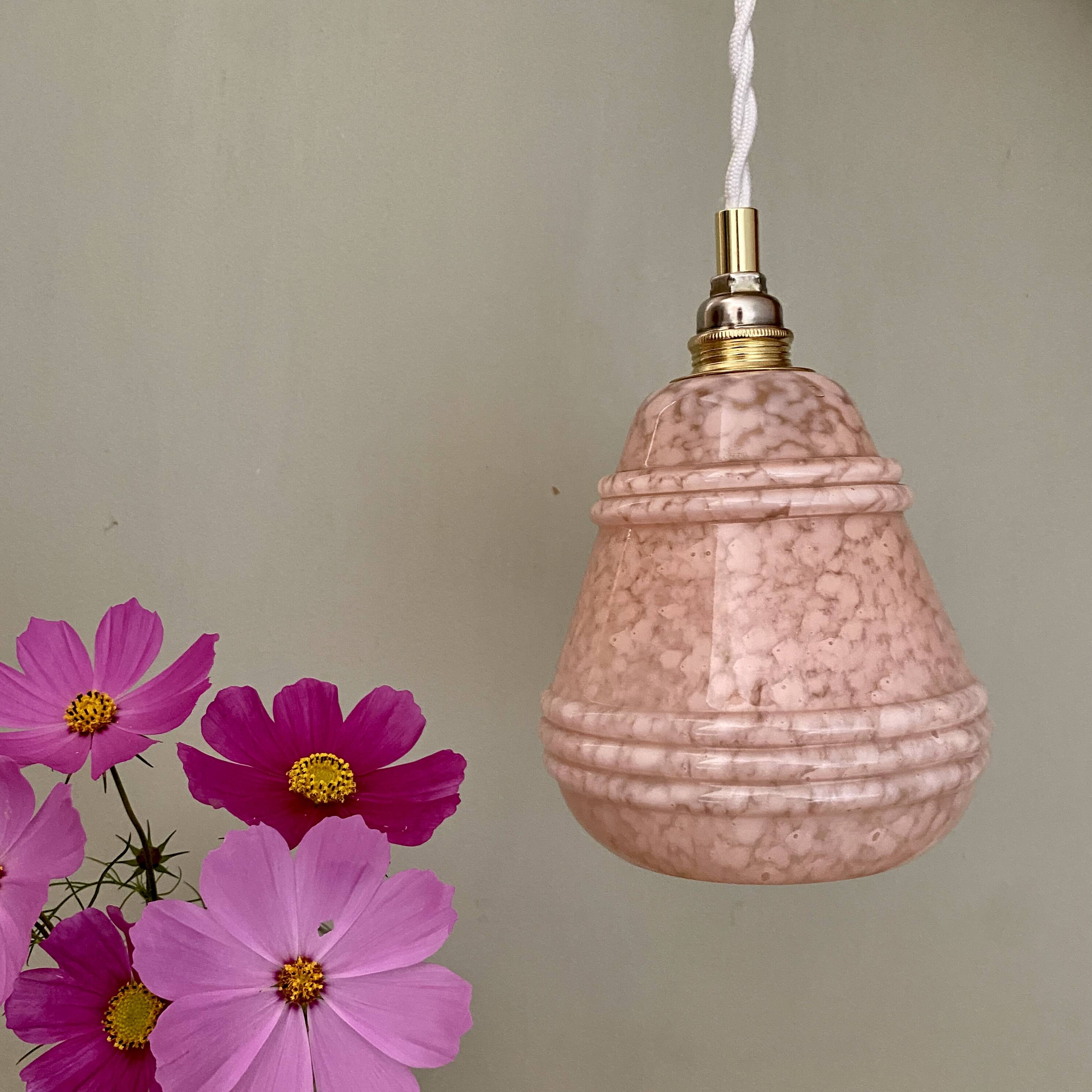 Vintage tulip pendant light in pink Clichy glass