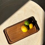 Trio of rounded rectangular trays or cups in monoxyl teak L:35