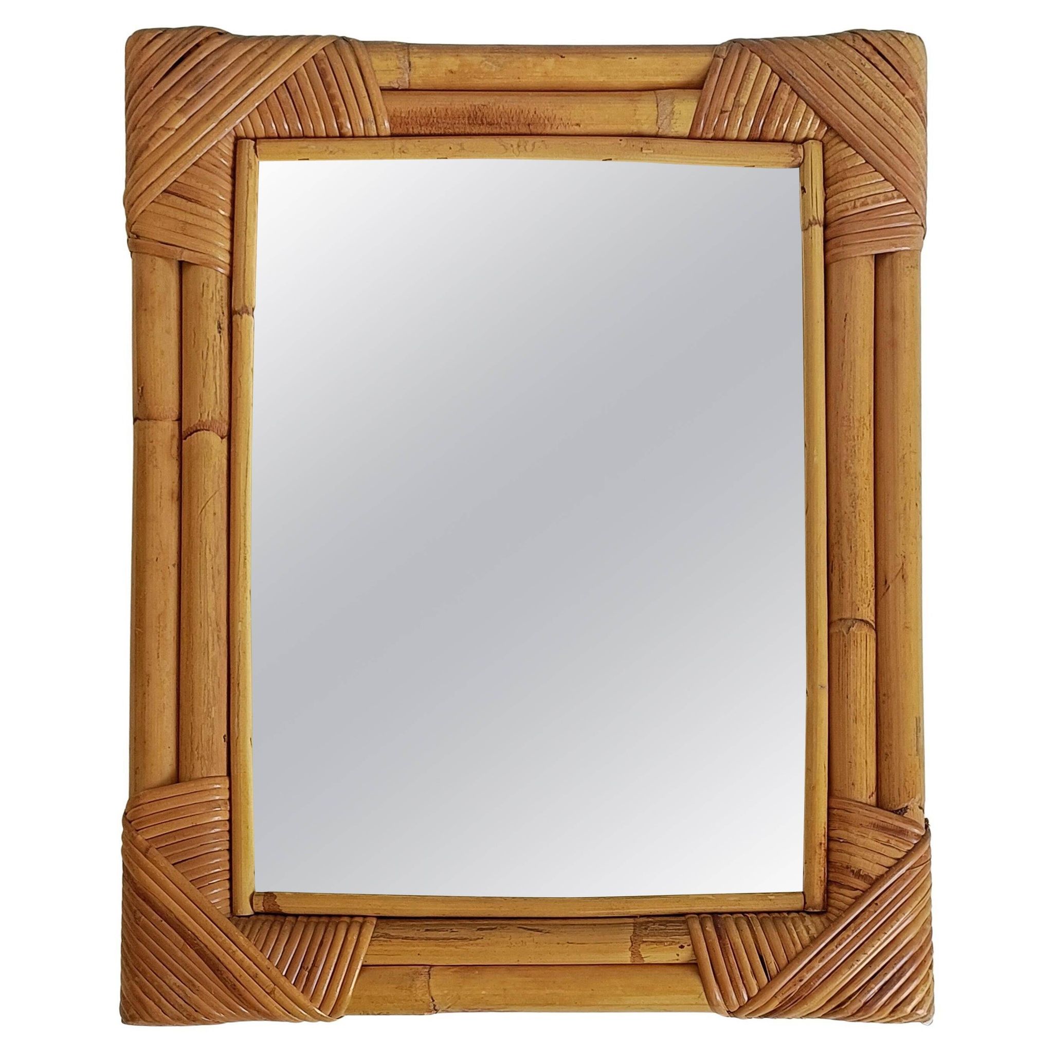 Miroir en bambou et rotin des années 1960 dans le style de la Côte d'Azur
