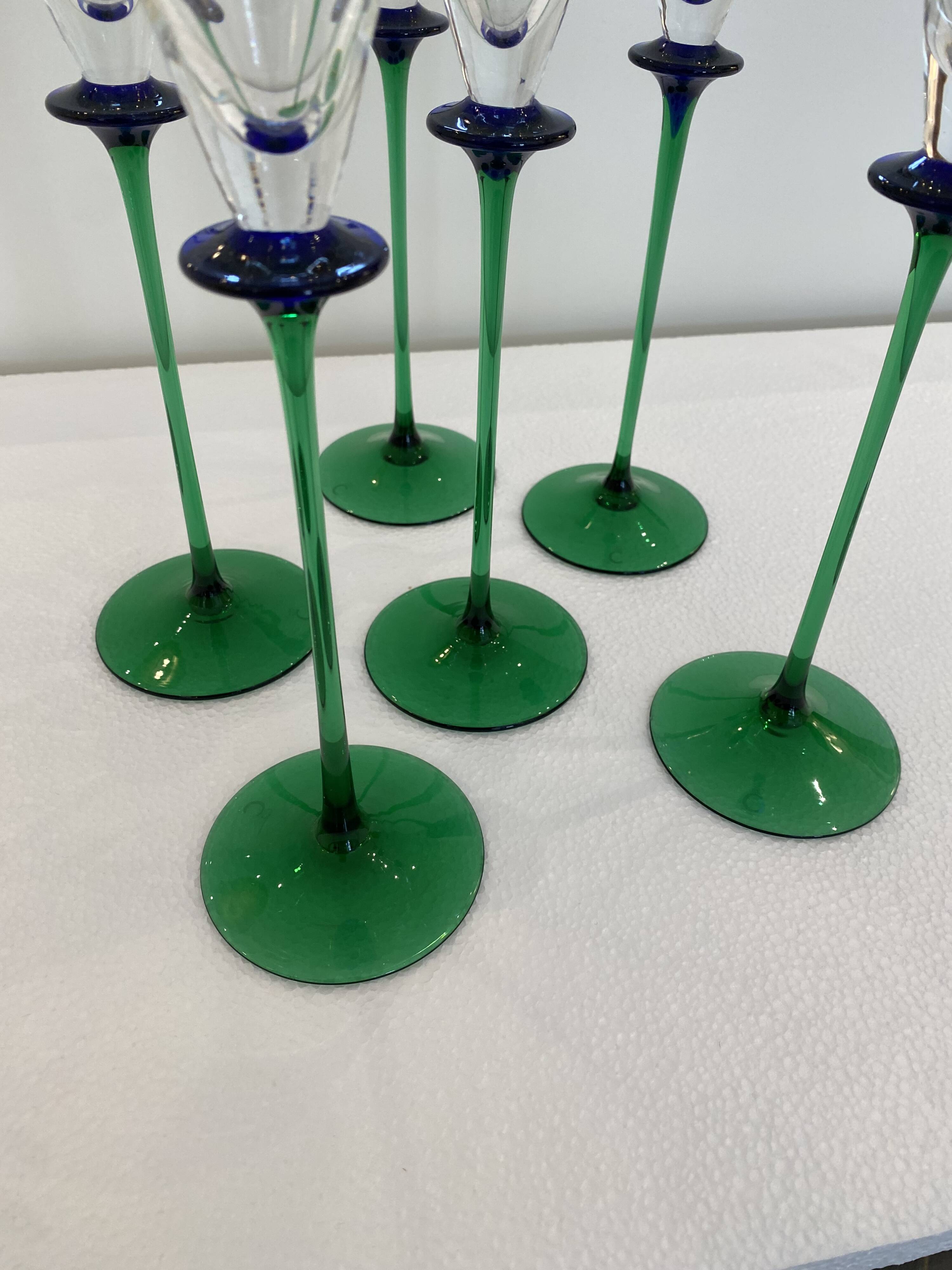 A Set of 6 Hand-blown Emerald Green Cobalt Blue Stem Champagne Flutes Art