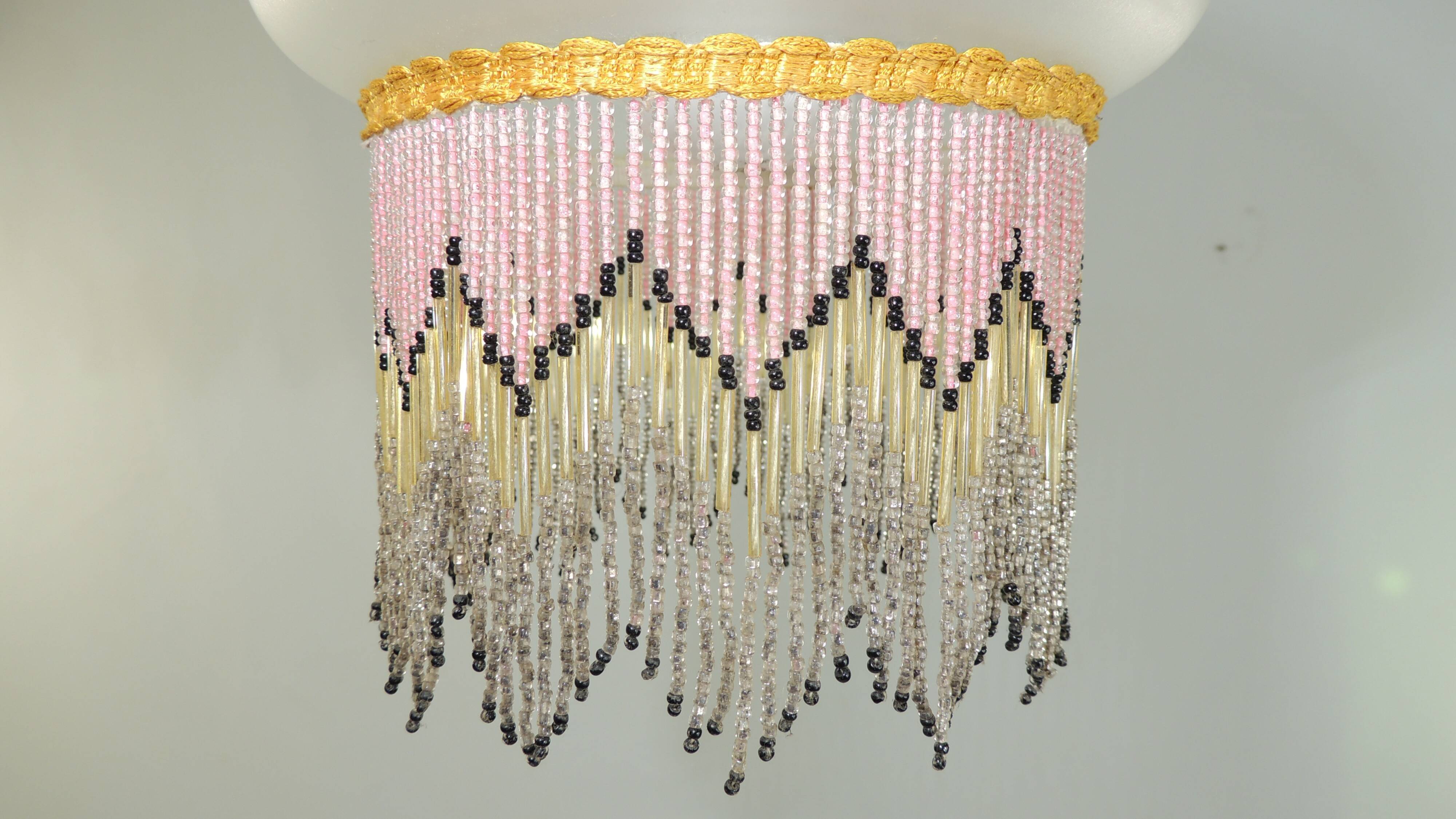 Charleston pendant lamp / engraved and frosted glass and glass bead fringe / vintage