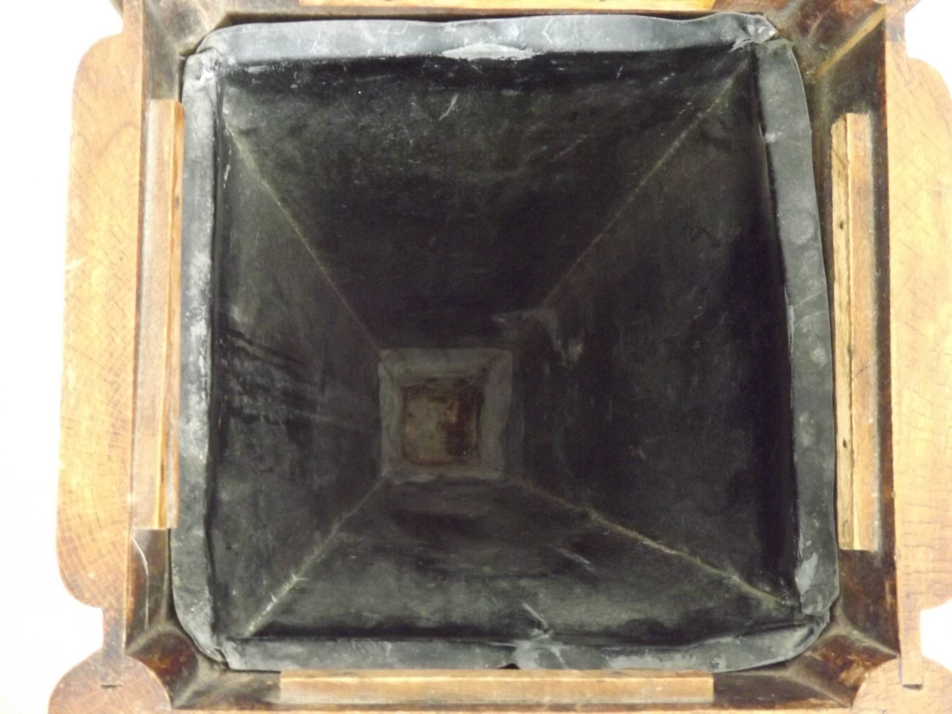 French antique oak tin-lined hand-carved umbrella stand with flower decoration.