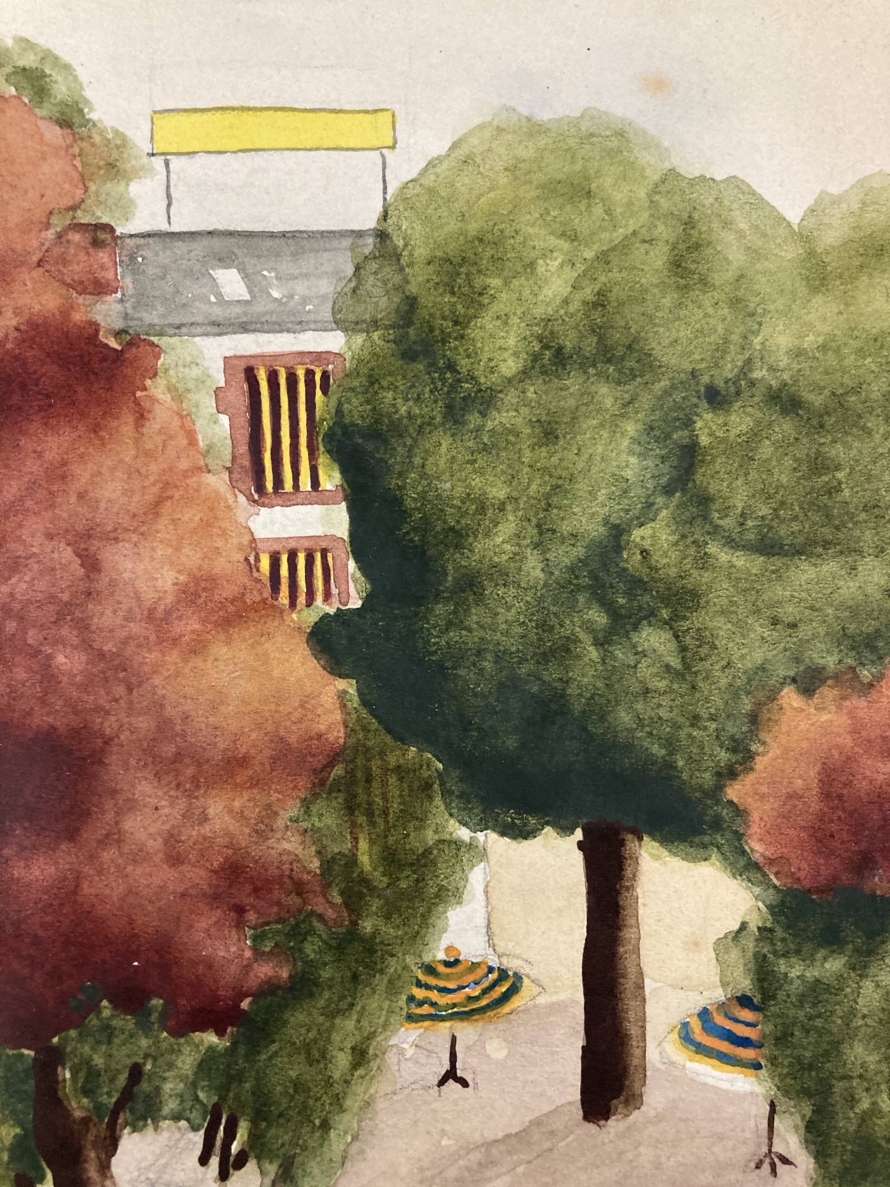 Watercolor landscape with parasols