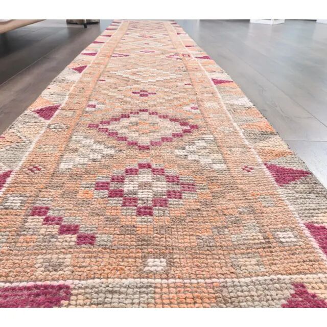 2'5x12'8 Vintage Orange Geometric Turkish Hand-Knotted Runner Rug 77x390