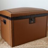 Vintage wooden and faux leather curved trunk