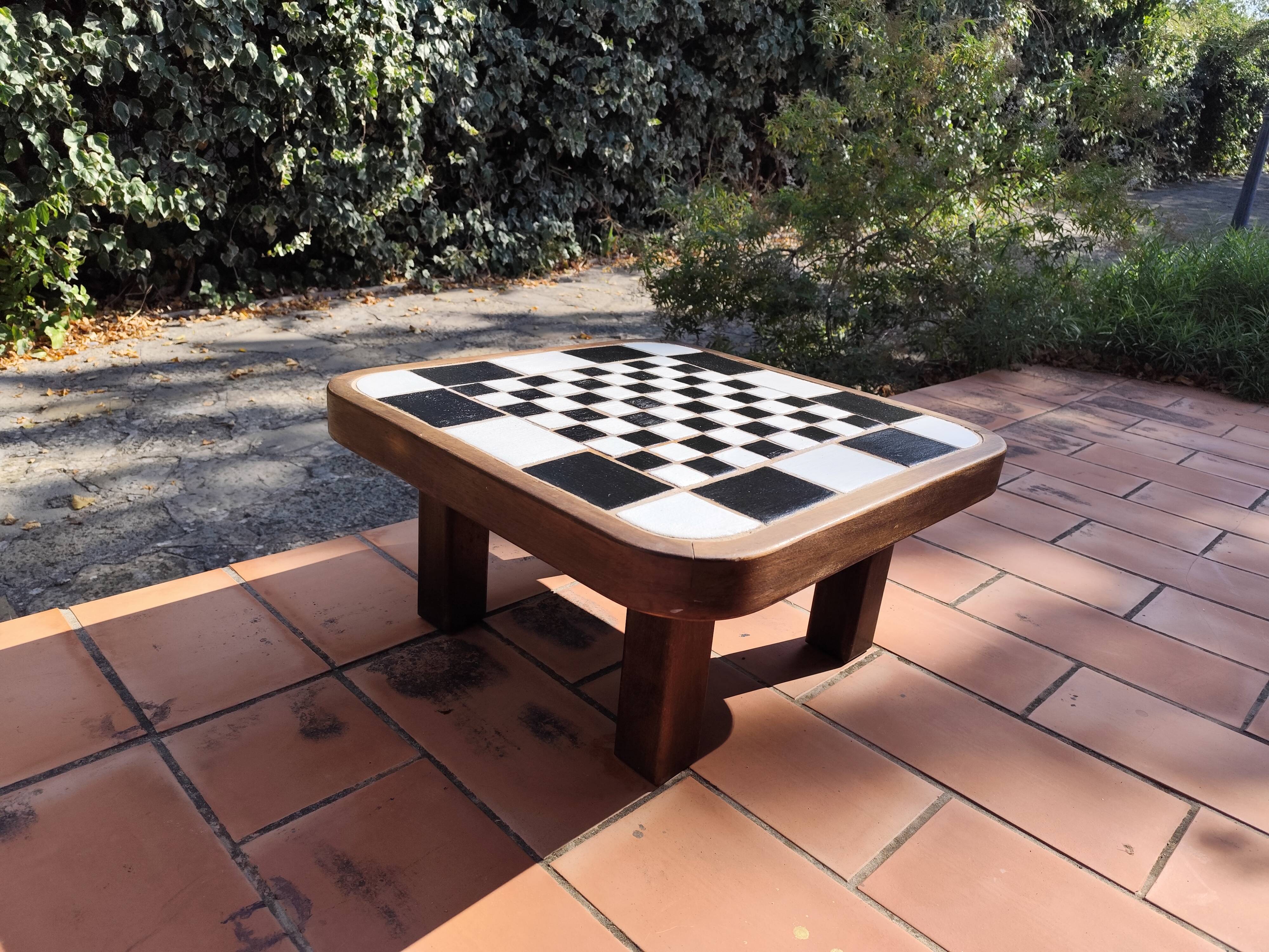 Scandinavian coffee table in wood and ceramic with a checkerboard pattern, 1960s vintage