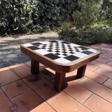 Scandinavian coffee table in wood and ceramic with a checkerboard pattern, 1960s vintage