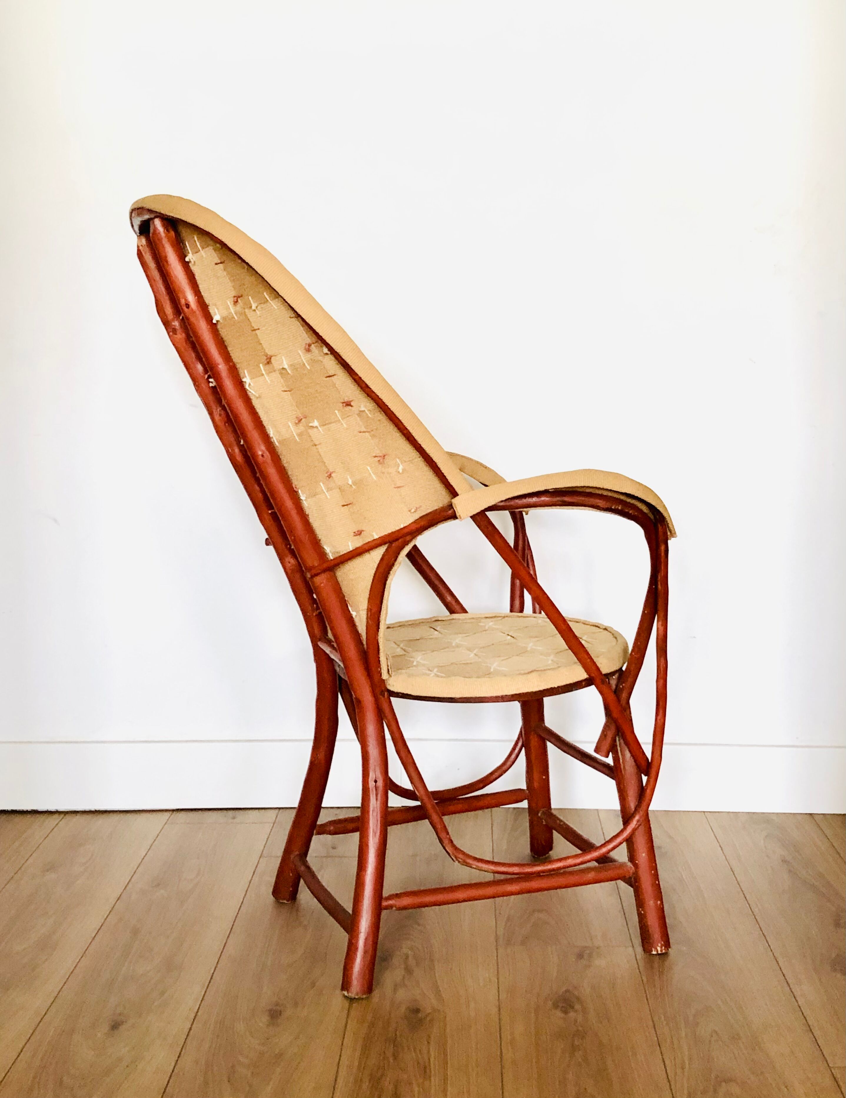 Vintage chestnut armchair and burlap