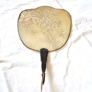 Antique fan - hand screen in painted silk and black wood - white flowers 19th century