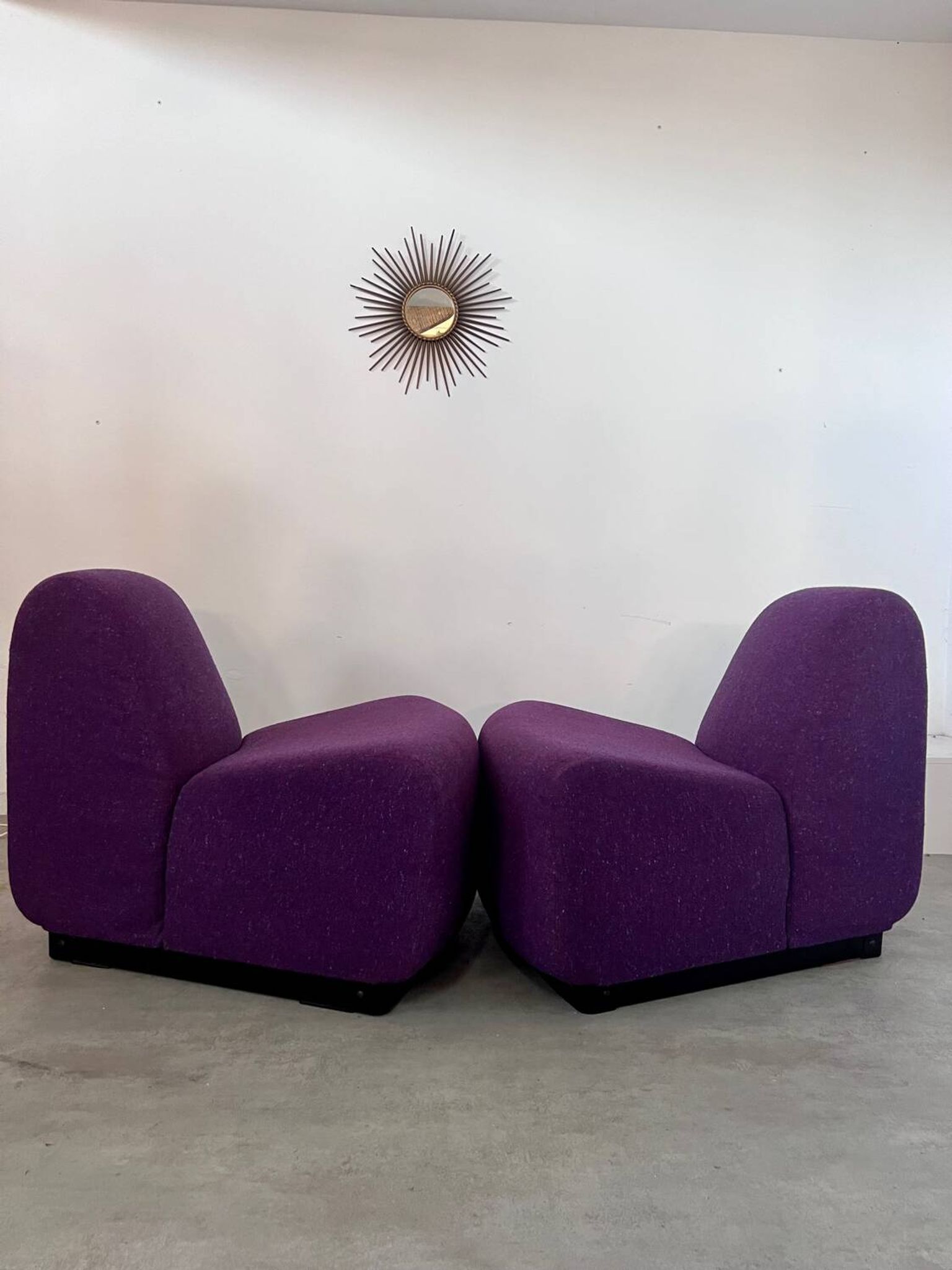 Lot 2 low chairs Space Age design from the 70s purple fabric vintage armchair