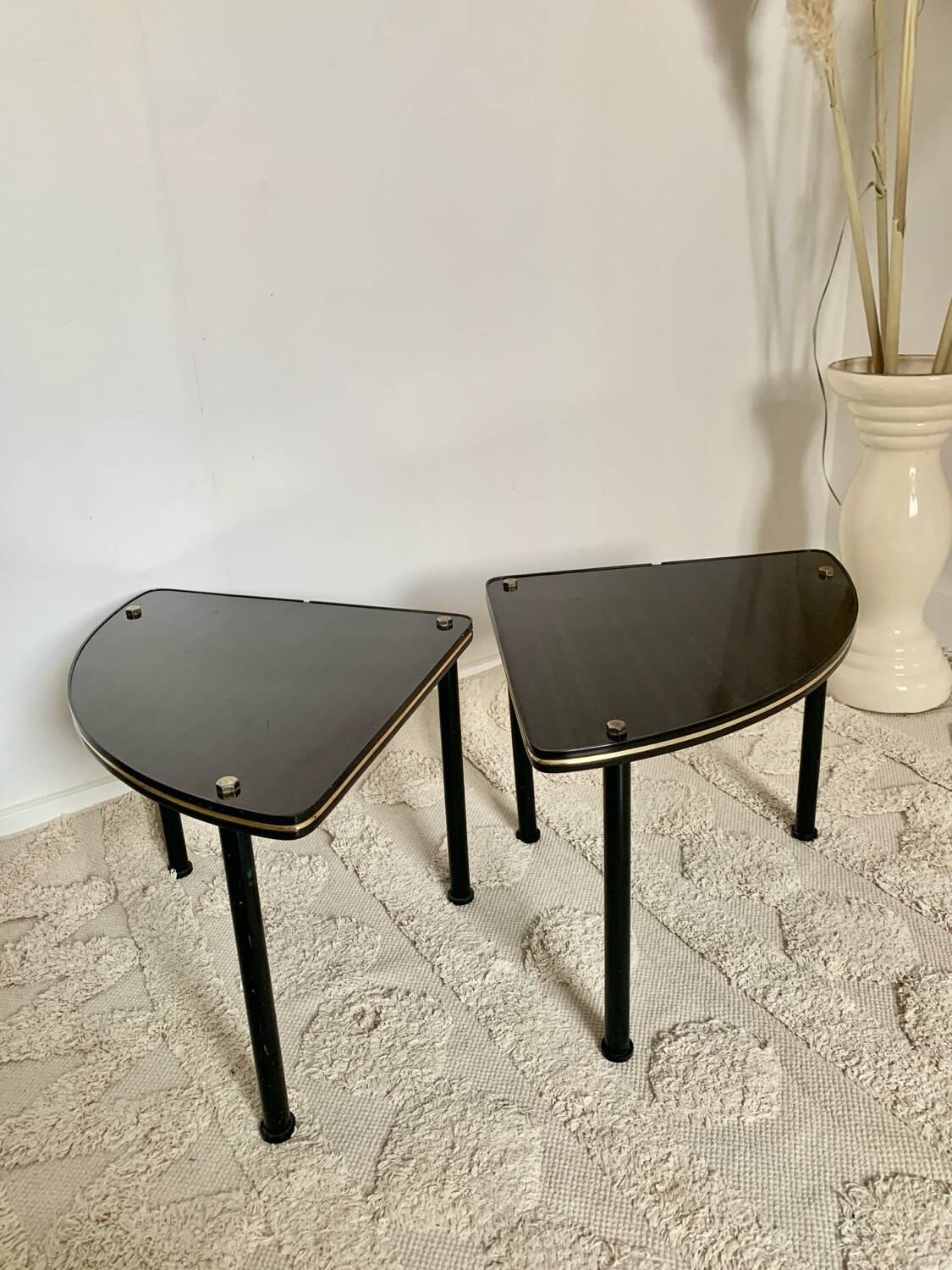 Pair of vintage 1960s side tables – wood veneer & brass, metal legs