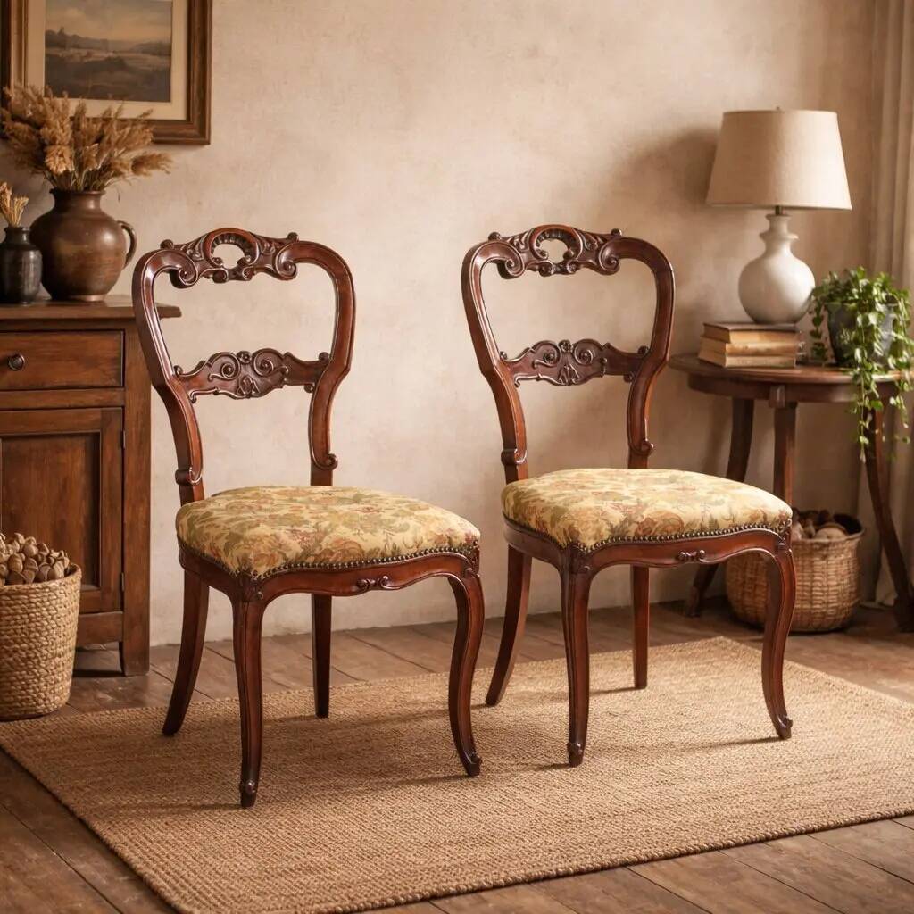 Antique Louis-Philippe chairs in walnut and fabric, 19th century