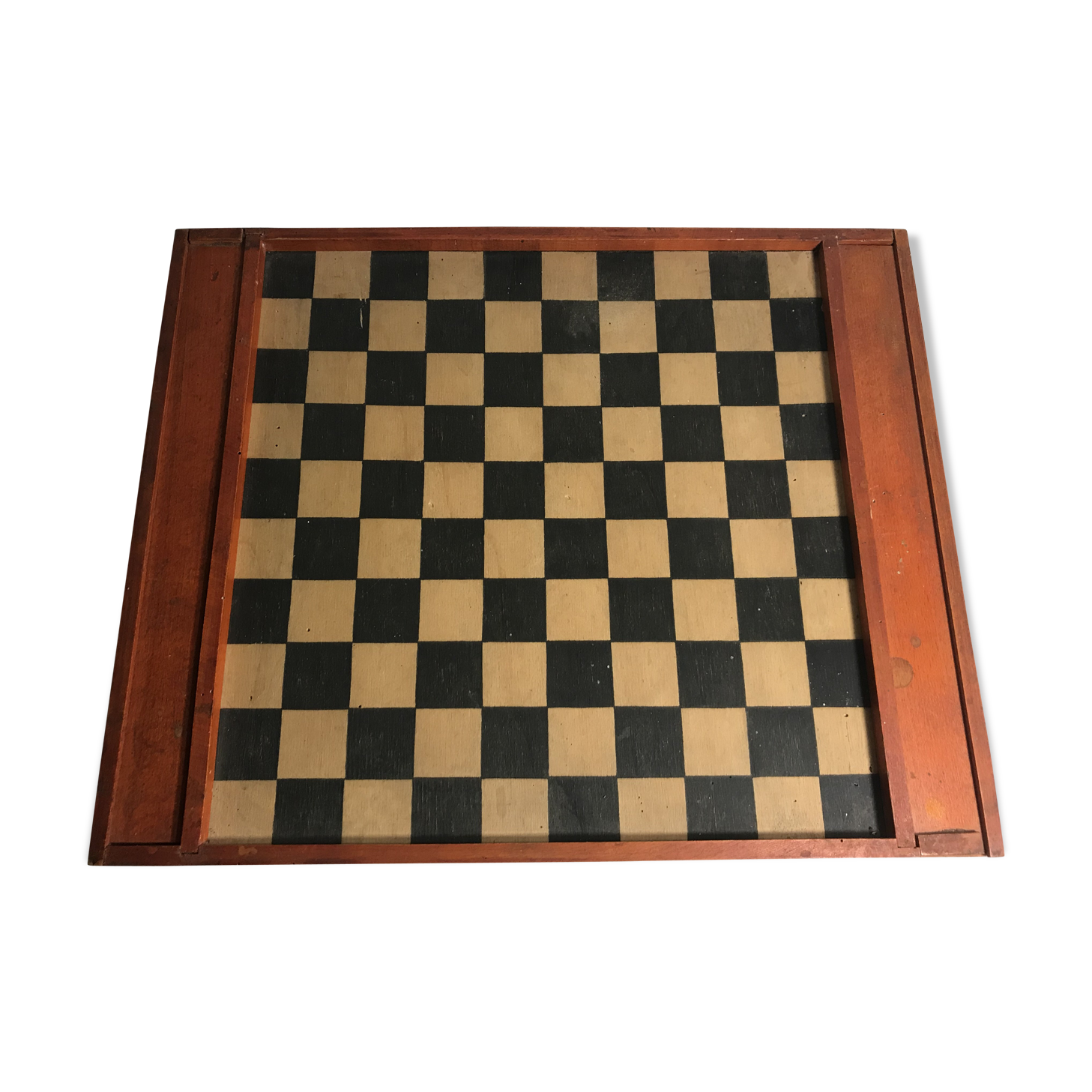 Plateau jeu de dames + jeu echecs bois + tiroirs + pions vintage