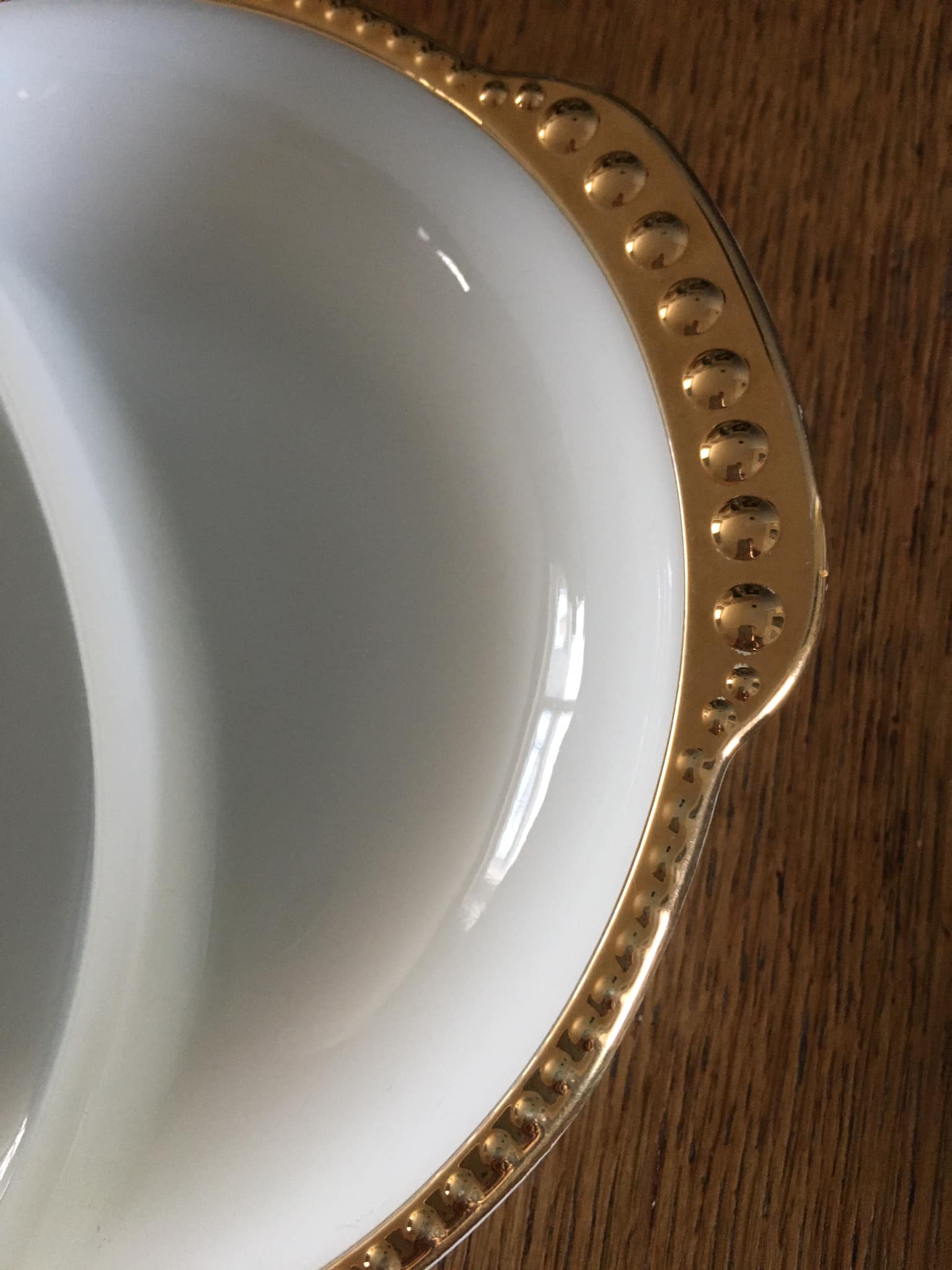 White opaline serving dish, Fire King brand Made in USA, golden edging, 50s