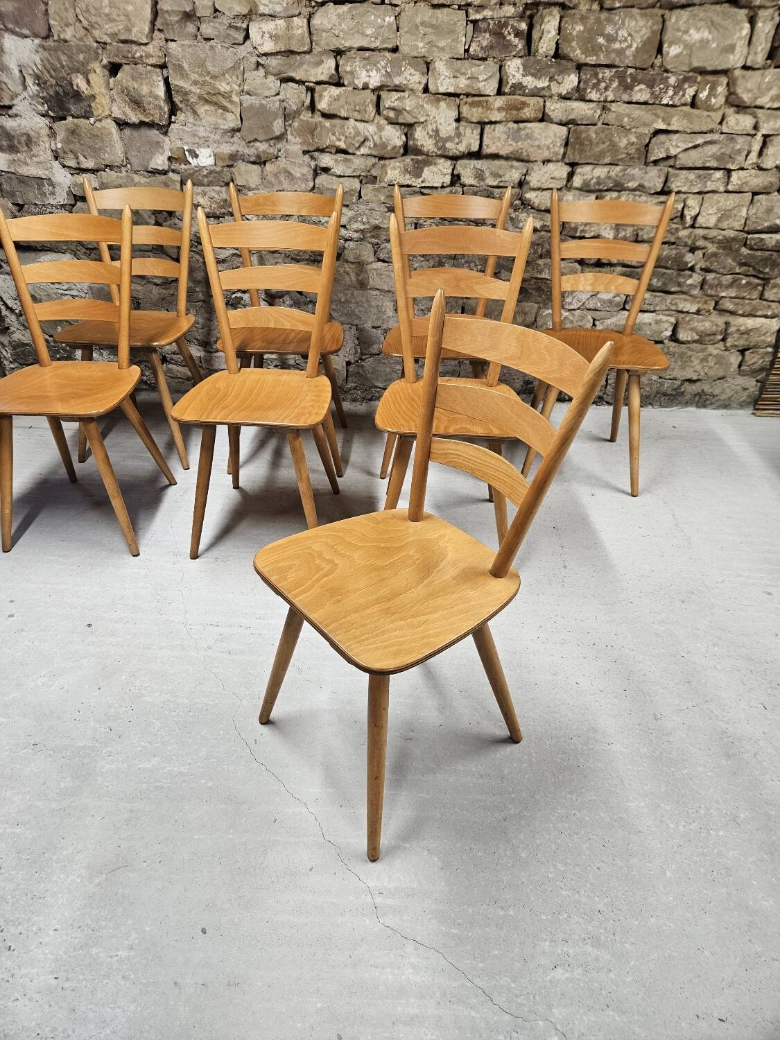 Lot of 8 country bistro chairs from the 1970s