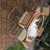 Octagonal brass and glass dining table with 4 chairs, 1960s