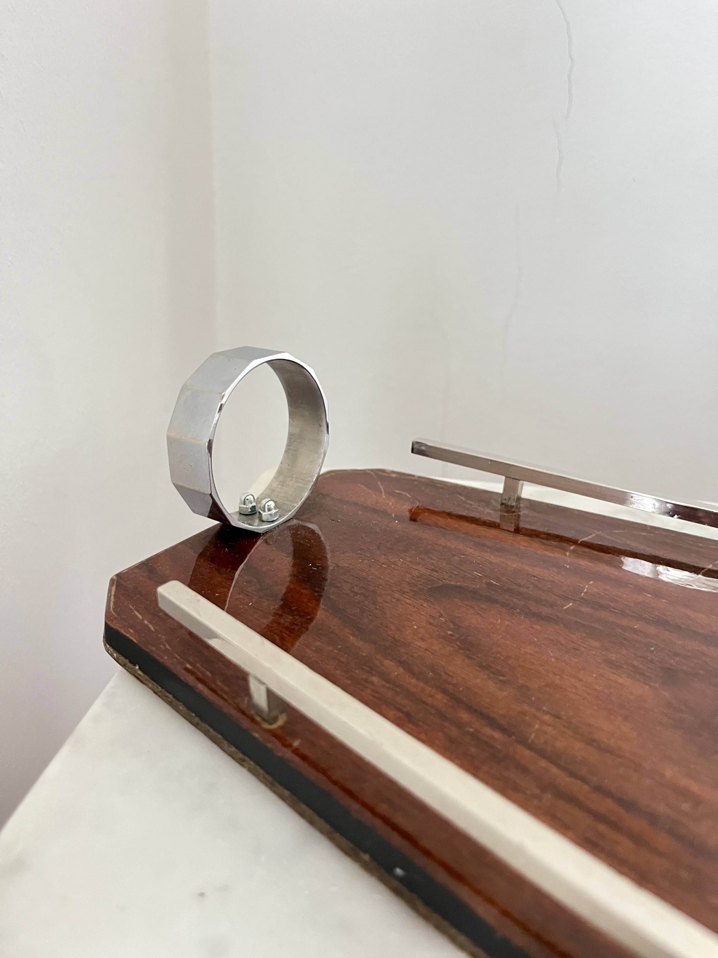 Plateau de service Art déco en bois et chrome – Design géométrique, vintage années 1930