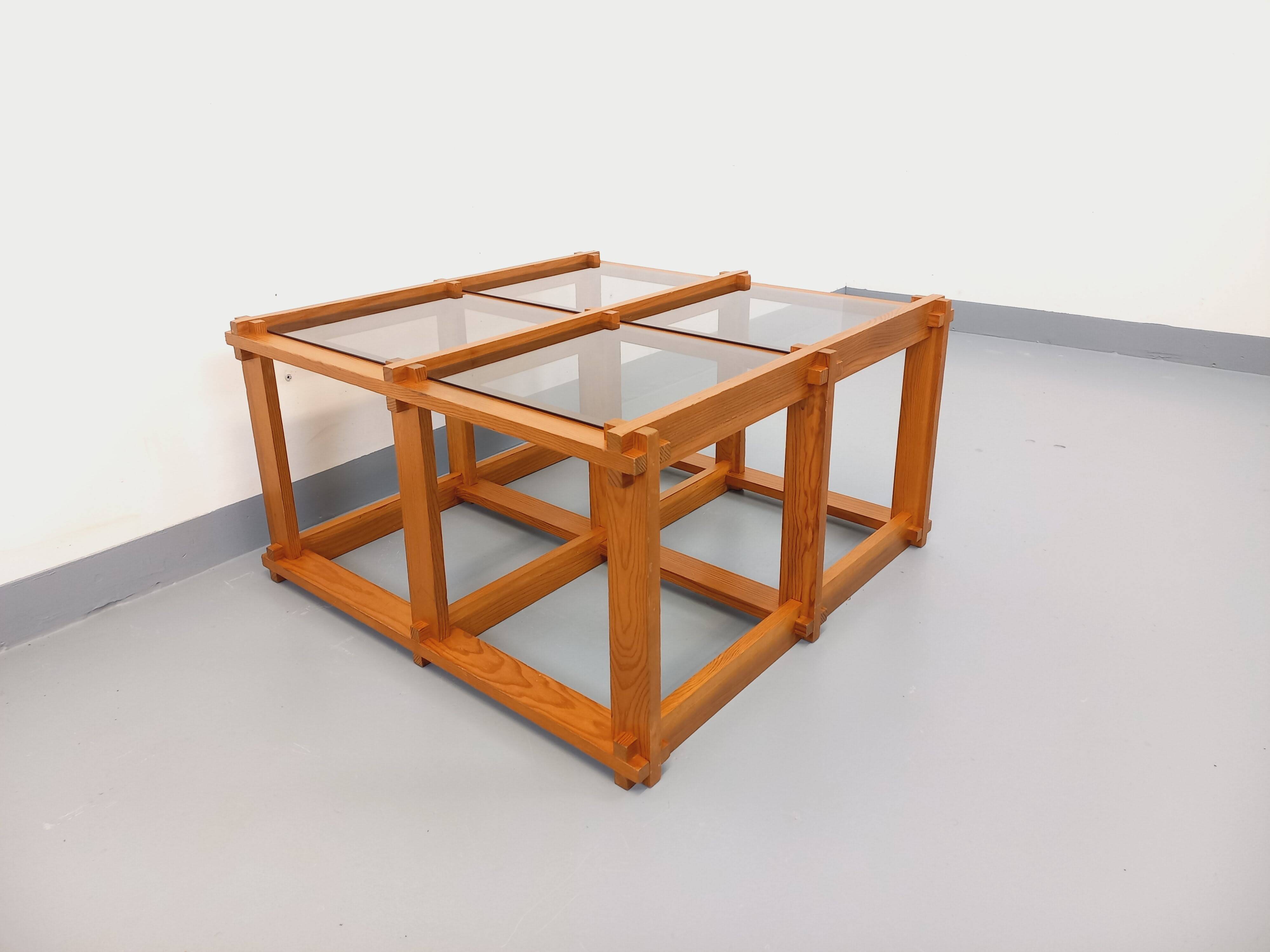 Vintage square coffee table in pine and smoked glass from the 70s and 80s.