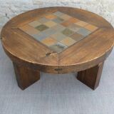 Brutalist coffee table in solid wood and stoneware tiles, circa 1960.