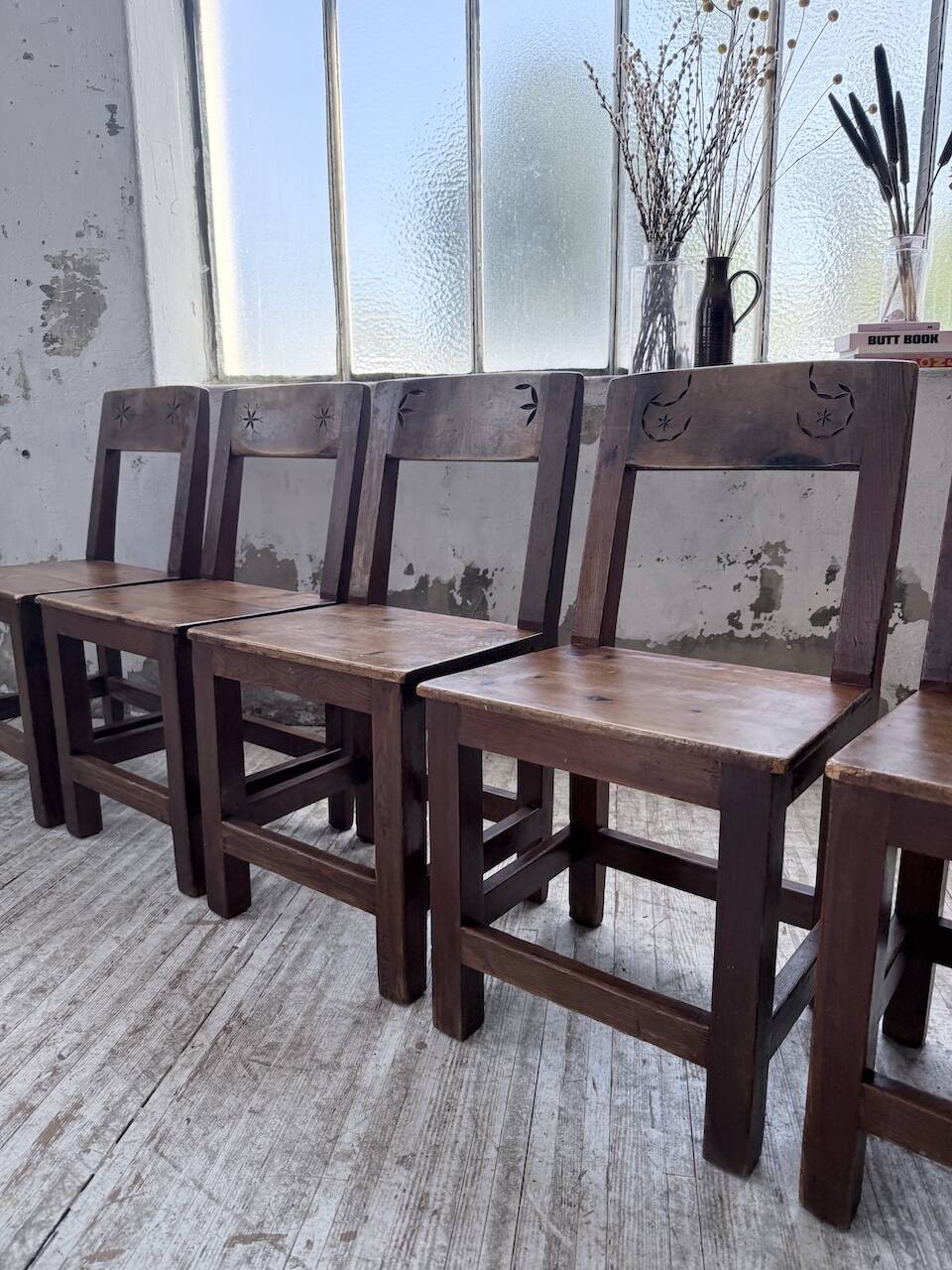 Set of 4 Savoyard pine folk art chairs from the 1950s.