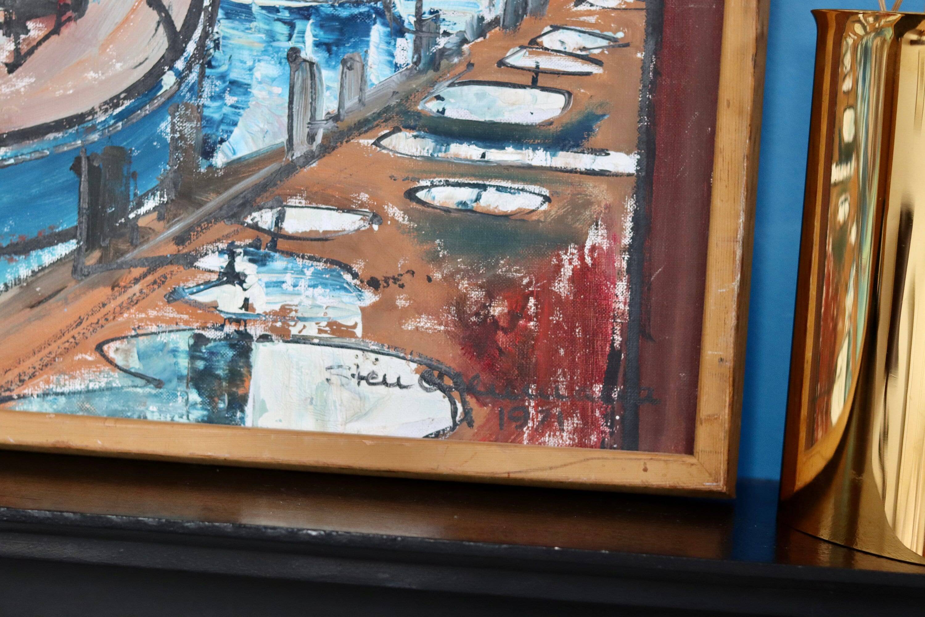 Original Swedish oil on canvas from the mid-century "Marina" by Steu (1971) - Framed
