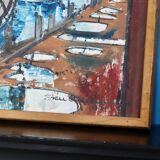 Huile sur toile originale suédoise du milieu du siècle « Marina » de Steu (1971) - Encadrée