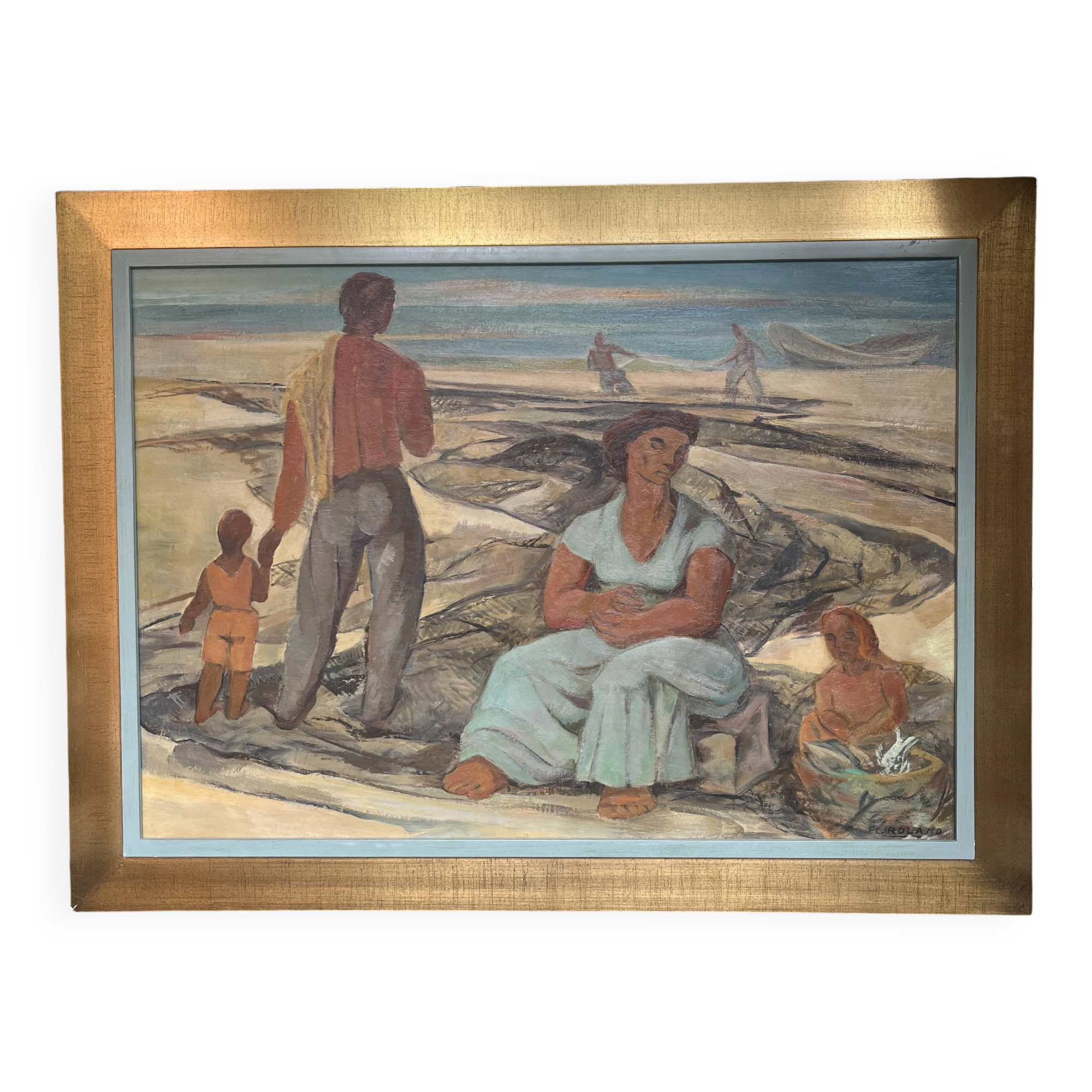 Painting "return from fishing", oil on panel, flory roland ca 1945