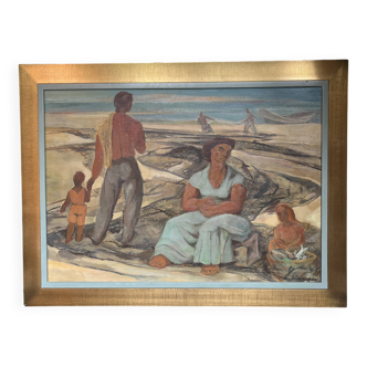 Painting "return from fishing", oil on panel, flory roland ca 1945