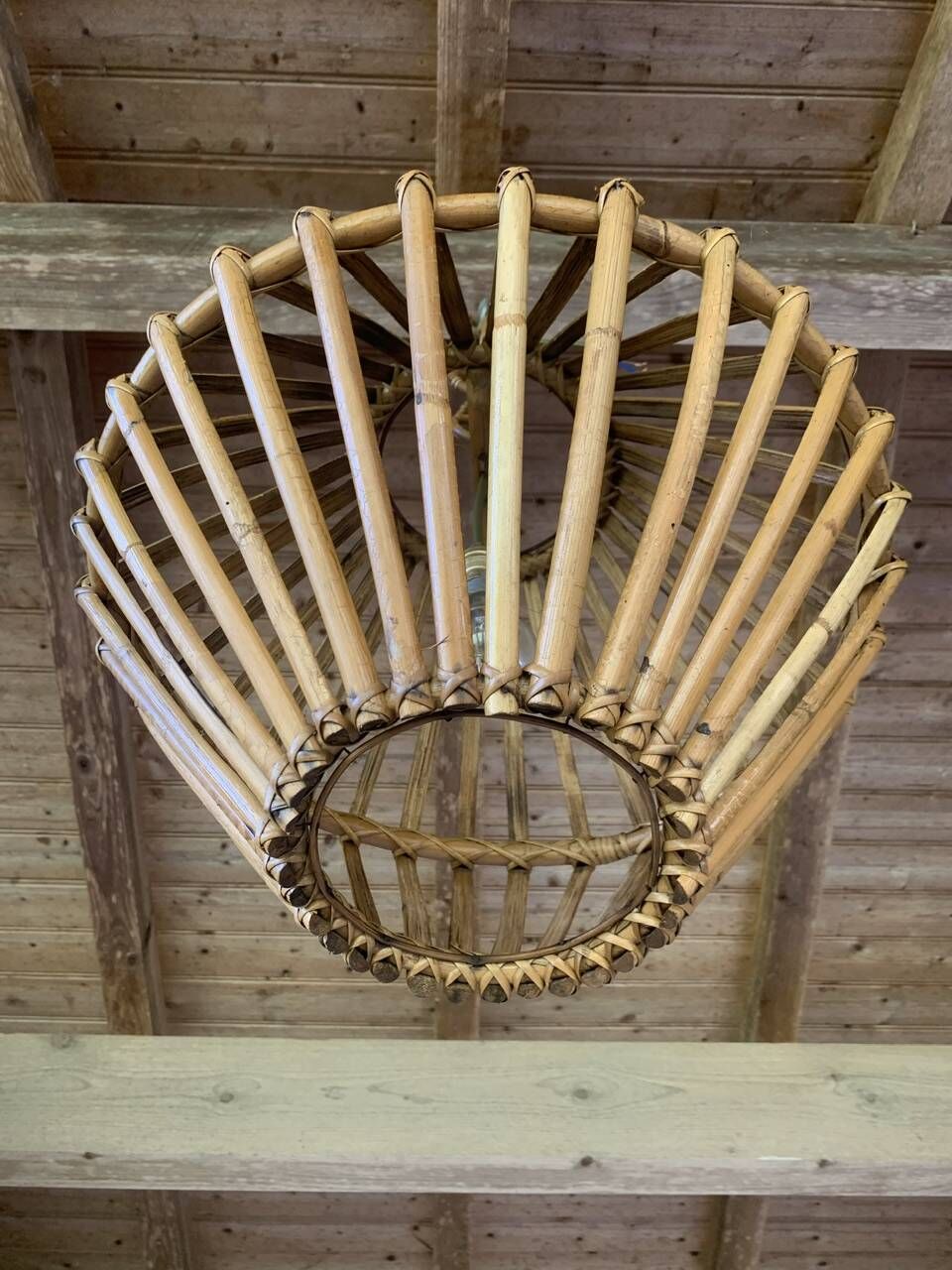 Large vintage pendant light in bamboo and rattan, circa 1960's