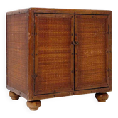 Vintage rattan and leather sideboard - 2 doors - ball feet chest