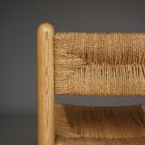 4 chaises de salle à manger en pin et jonc de mer dans le goût de Charlotte Perriand, années 1960