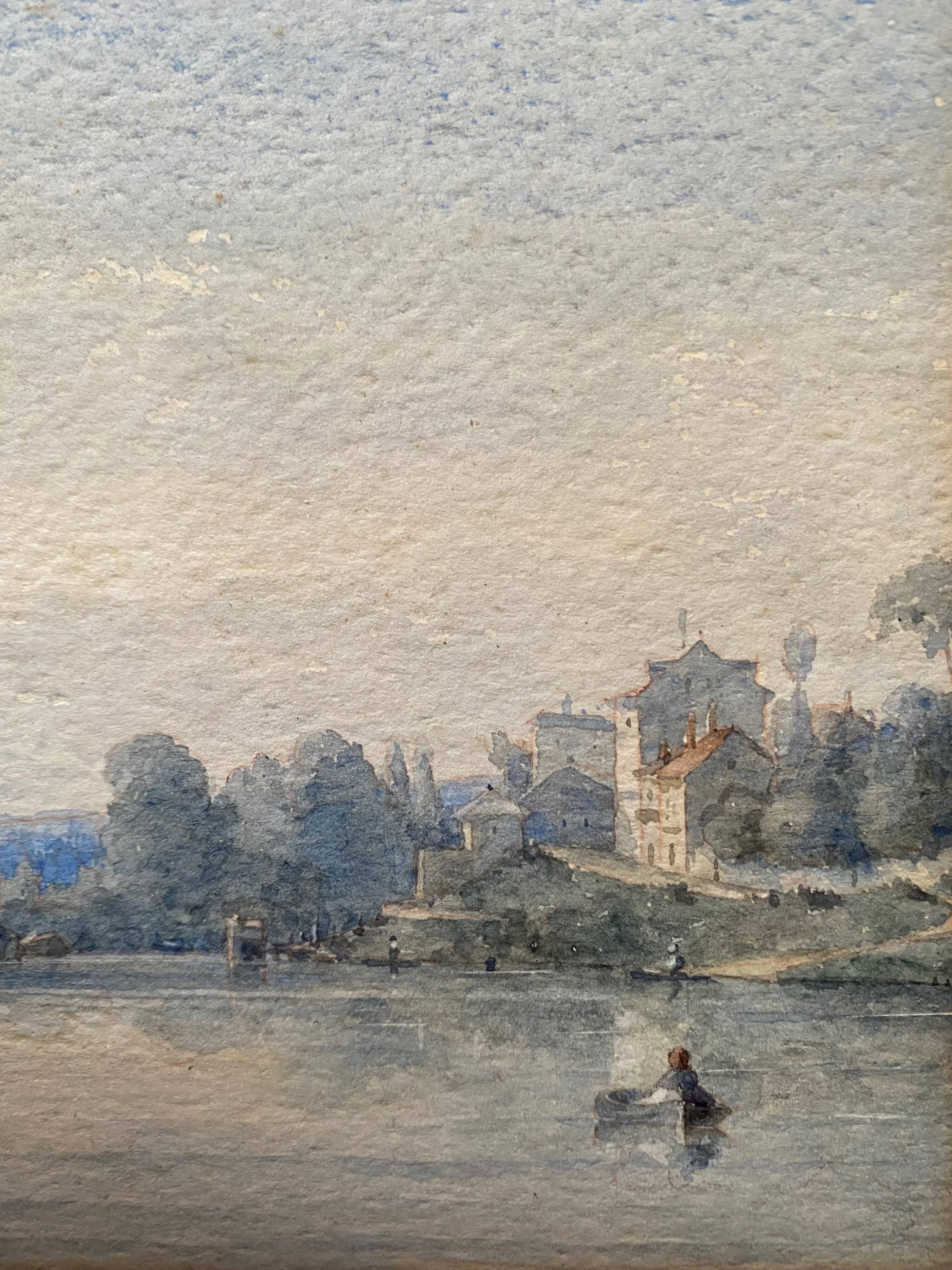 Watercolor painting 1872 "Riverside with fisherman" signed to decipher