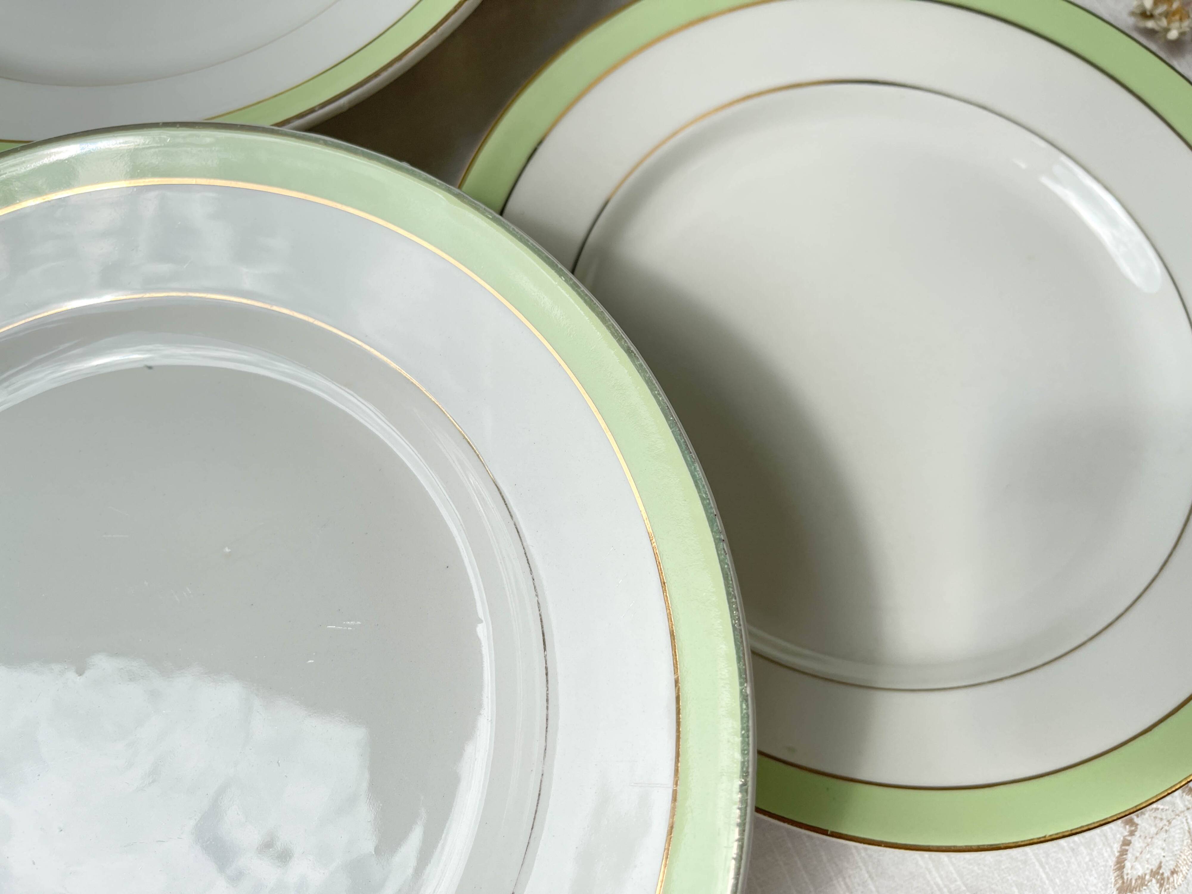 6 Vintage French Orchies "VILLARS" dinner plates 1950 white green gold