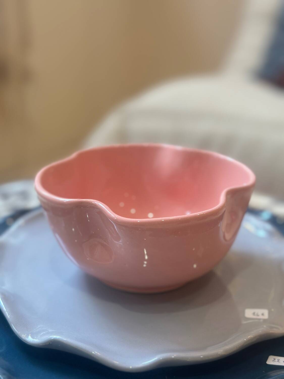 Handmade enameled ceramic bowl with pink clover flower Barbapapa